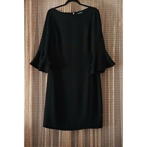 Lauren Ralph Lauren Elegant Black Evening Dress Sz 14 Bell Long Sleeve Chic - Picture 1 of 8